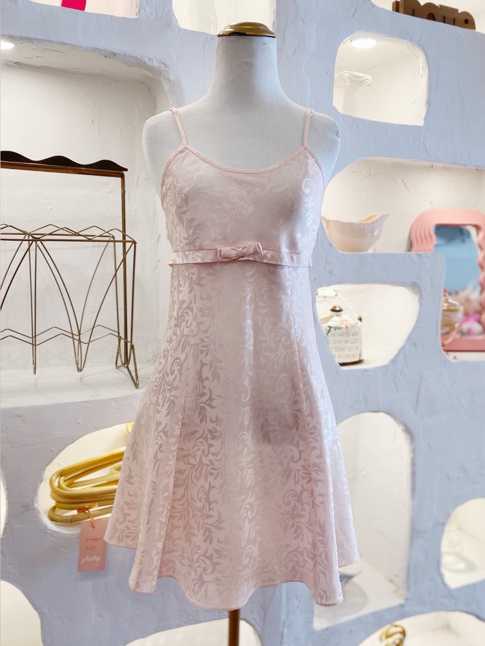 Vintage Light Pink Satin Jacquard Pattern Babydoll Lingerie Slip Dress with Bow